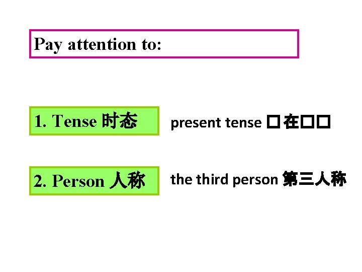 Pay attention to: 1. Tense 时态 present tense � 在�� 2. Person 人称 the