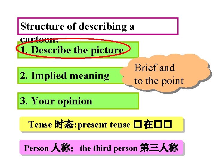 Structure of describing a cartoon: 1. Describe the picture 2. Implied meaning Brief and