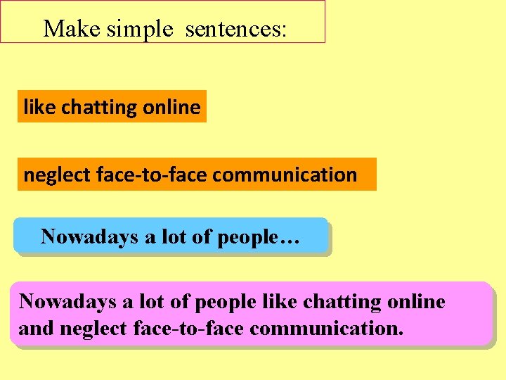 Make simple sentences: like chatting online neglect face-to-face communication Nowadays a lot of people…