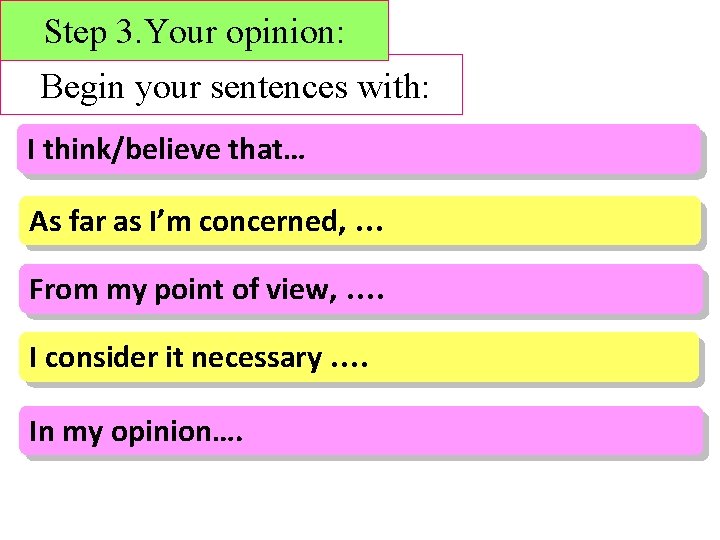 Step 3. Your opinion: Begin your sentences with: I think/believe that… As far as