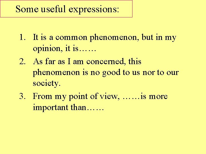 Some useful expressions: 1. It is a common phenomenon, but in my opinion, it