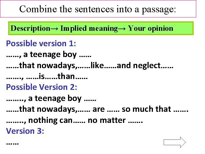 Combine the sentences into a passage: Description→ Implied meaning→ Your opinion Possible version 1: