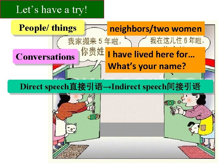 Let’s have a try! People/ things Conversations neighbors/two women I have lived here for…