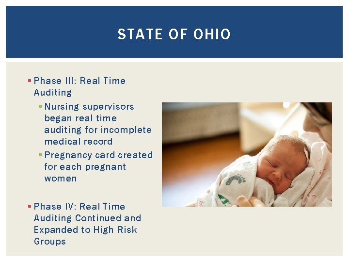 STATE OF OHIO § Phase III: Real Time Auditing § Nursing supervisors began real