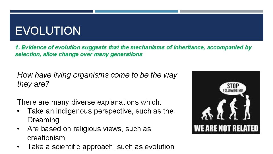 EVOLUTION 1. Evidence of evolution suggests that the mechanisms of inheritance, accompanied by selection,