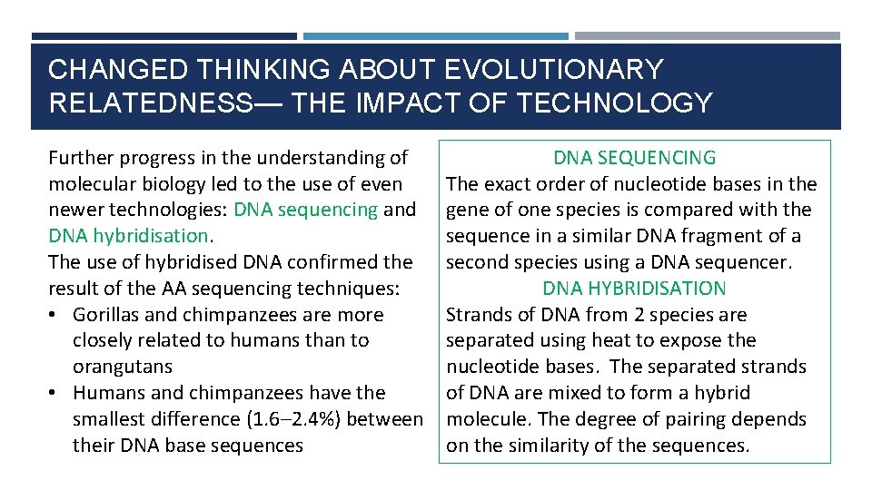 CHANGED THINKING ABOUT EVOLUTIONARY RELATEDNESS— THE IMPACT OF TECHNOLOGY Further progress in the understanding