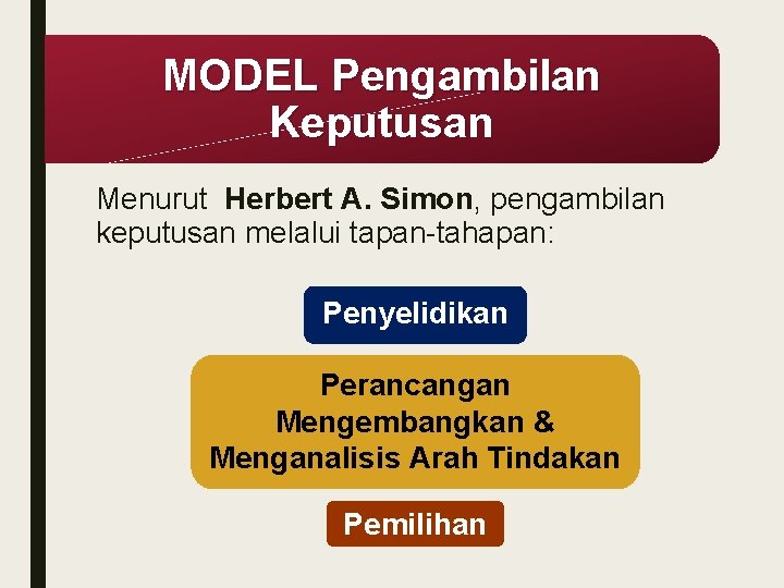MODEL Pengambilan Keputusan Menurut Herbert A. Simon, pengambilan keputusan melalui tapan-tahapan: Penyelidikan Perancangan Mengembangkan