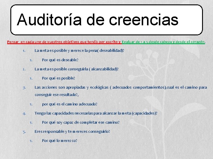 Auditoría de creencias Pensar en cada uno de vuestros objetivos que tenéis por escrito