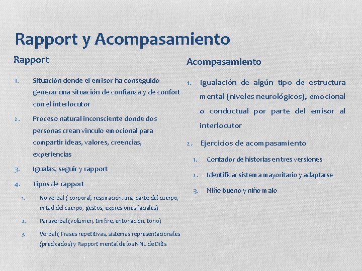 Rapport y Acompasamiento Rapport Acompasamiento 1. Situación donde el emisor ha conseguido Igualación de