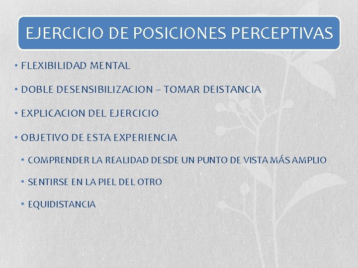 EJERCICIO DE POSICIONES PERCEPTIVAS • FLEXIBILIDAD MENTAL • DOBLE DESENSIBILIZACION – TOMAR DEISTANCIA •