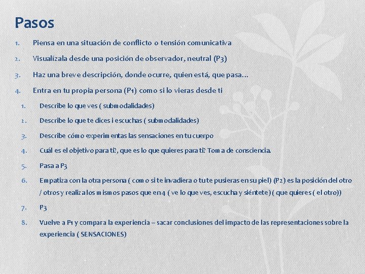 Pasos 1. Piensa en una situación de conflicto o tensión comunicativa 2. Visualízala desde