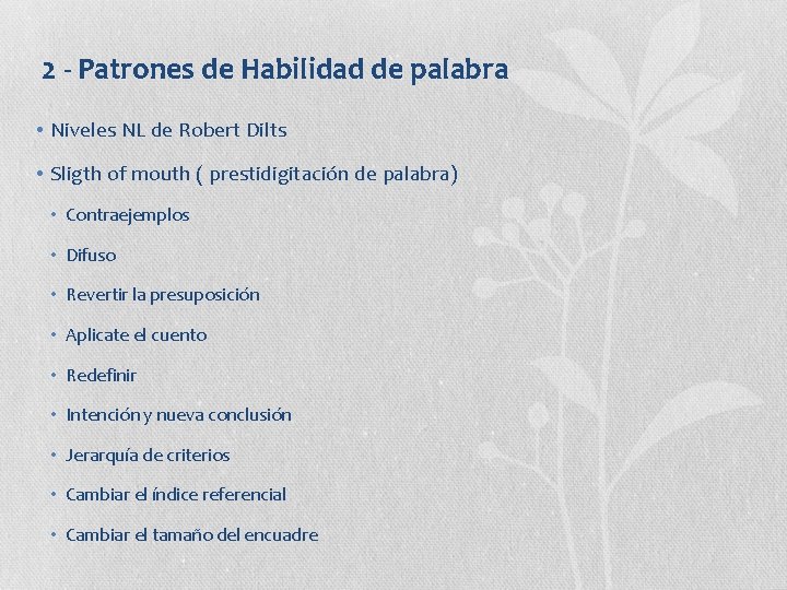 2 - Patrones de Habilidad de palabra • Niveles NL de Robert Dilts •