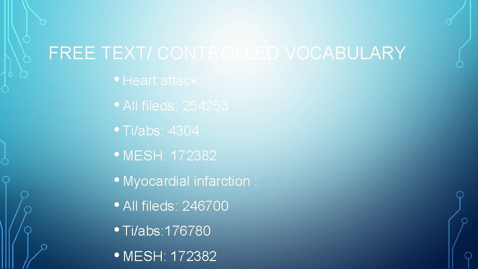 FREE TEXT/ CONTROLLED VOCABULARY • Heart attack: • All fileds: 254253 • Ti/abs: 4304