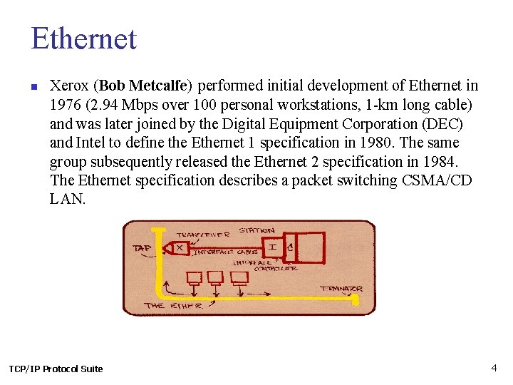 Ethernet n Xerox (Bob Metcalfe) performed initial development of Ethernet in 1976 (2. 94