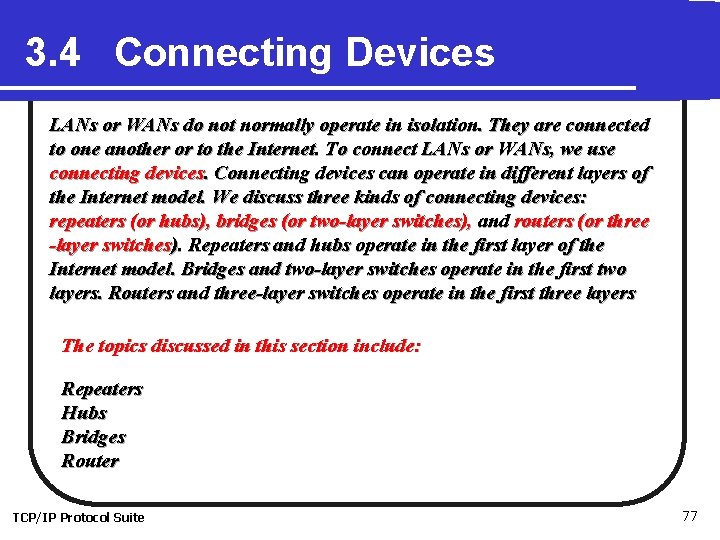 3. 4 Connecting Devices LANs or WANs do not normally operate in isolation. They