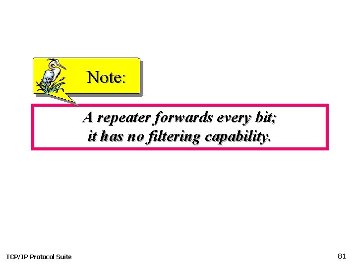 Note: A repeater forwards every bit; it has no filtering capability. TCP/IP Protocol Suite