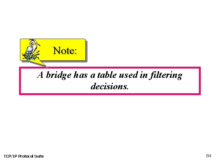 Note: A bridge has a table used in filtering decisions. TCP/IP Protocol Suite 84