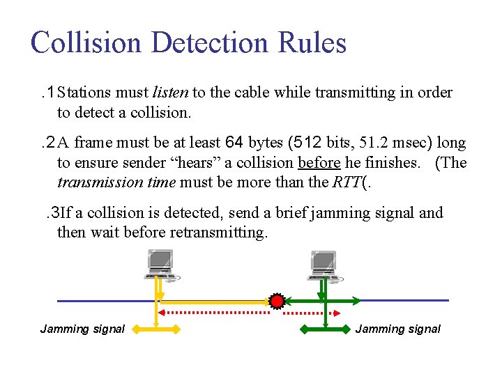 Collision Detection Rules. 1 Stations must listen to the cable while transmitting in order