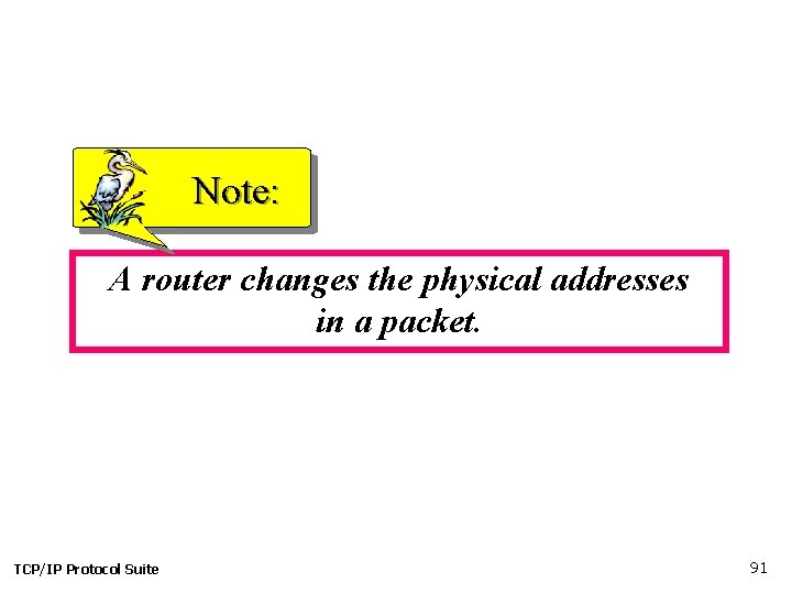 Note: A router changes the physical addresses in a packet. TCP/IP Protocol Suite 91