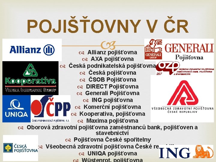 POJIŠŤOVNY V ČR Allianz pojišťovna AXA pojišťovna Česká podnikatelská pojišťovna Česká pojišťovna ČSOB Pojišťovna