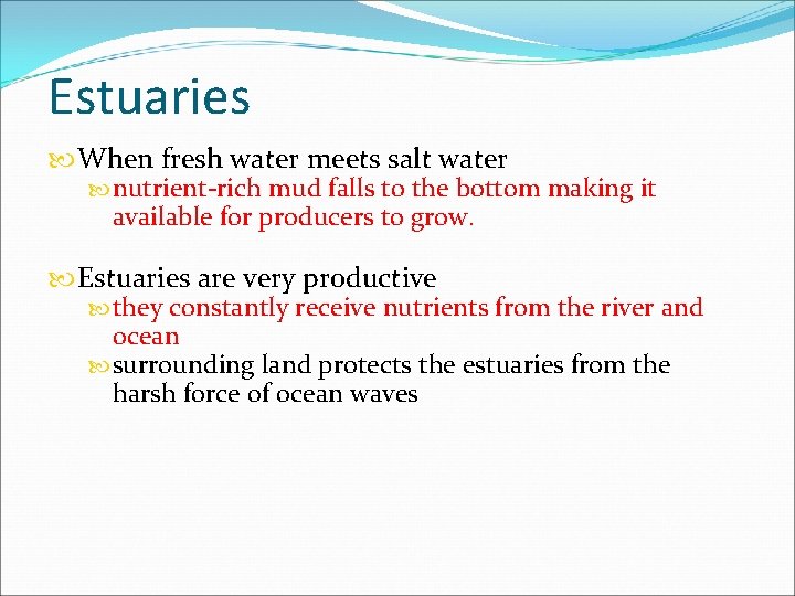 Estuaries When fresh water meets salt water nutrient-rich mud falls to the bottom making