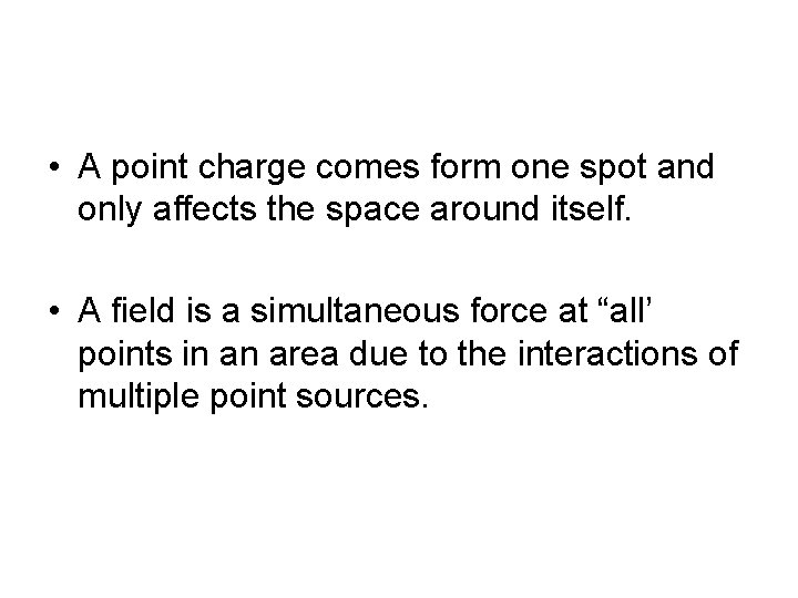  • A point charge comes form one spot and only affects the space