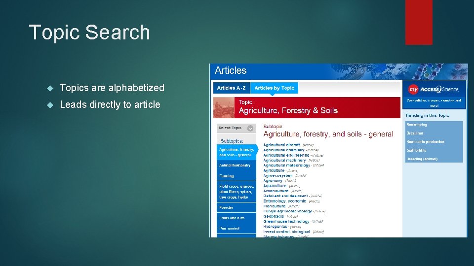 Topic Search Topics are alphabetized Leads directly to article 