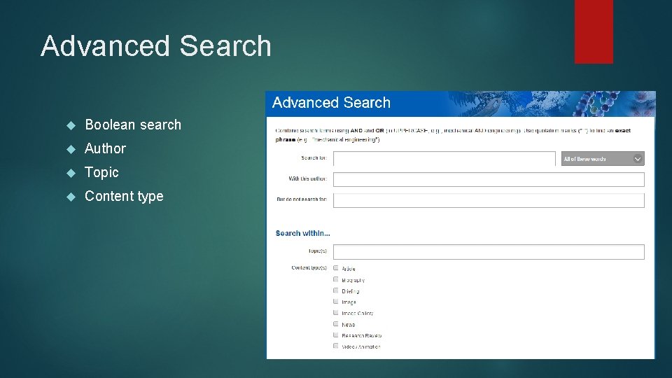 Advanced Search Boolean search Author Topic Content type 