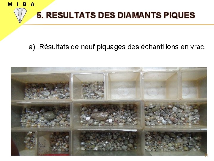 M I B A 5. RESULTATS DES DIAMANTS PIQUES a). Résultats de neuf piquages