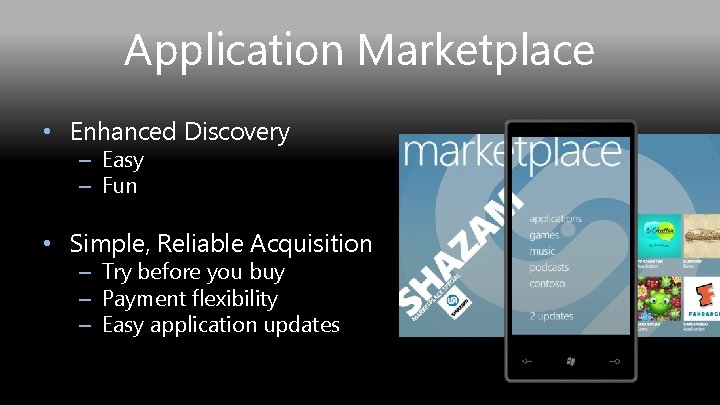 Application Marketplace • Enhanced Discovery – Easy – Fun • Simple, Reliable Acquisition –