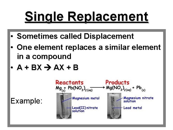 Single Replacement • Sometimes called Displacement • One element replaces a similar element in