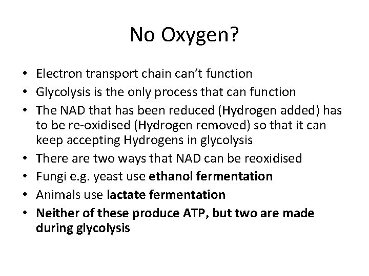 No Oxygen? • Electron transport chain can’t function • Glycolysis is the only process