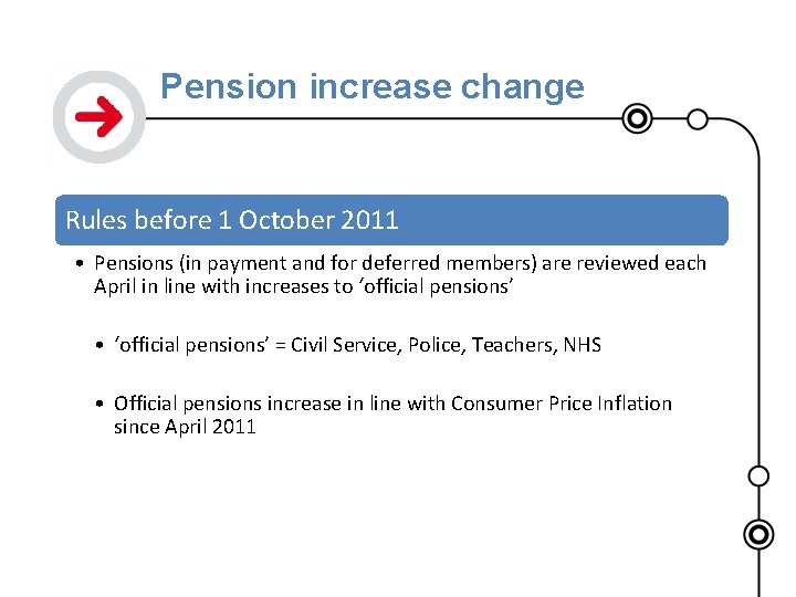 Pension increase change Rules before 1 October 2011 • Pensions (in payment and for