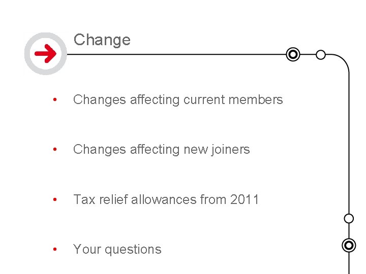 Change • Changes affecting current members • Changes affecting new joiners • Tax relief