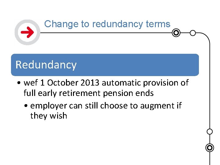 Change to redundancy terms Redundancy • wef 1 October 2013 automatic provision of full