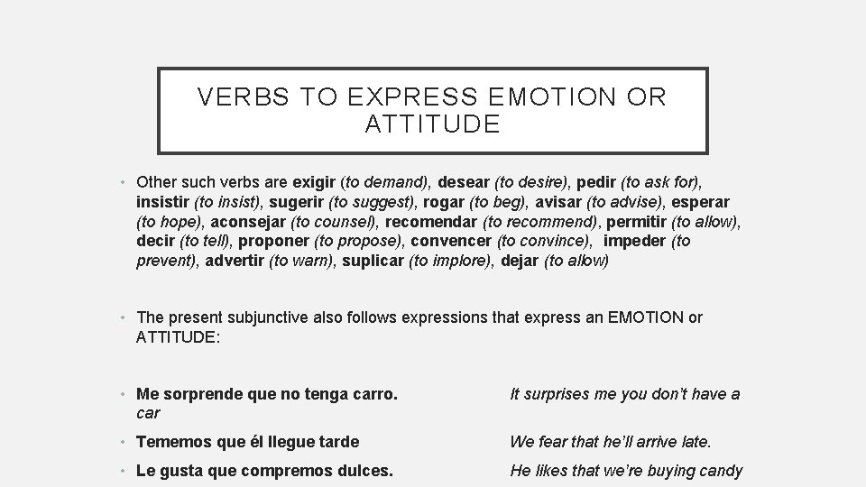VERBS TO EXPRESS EMOTION OR ATTITUDE • Other such verbs are exigir (to demand),