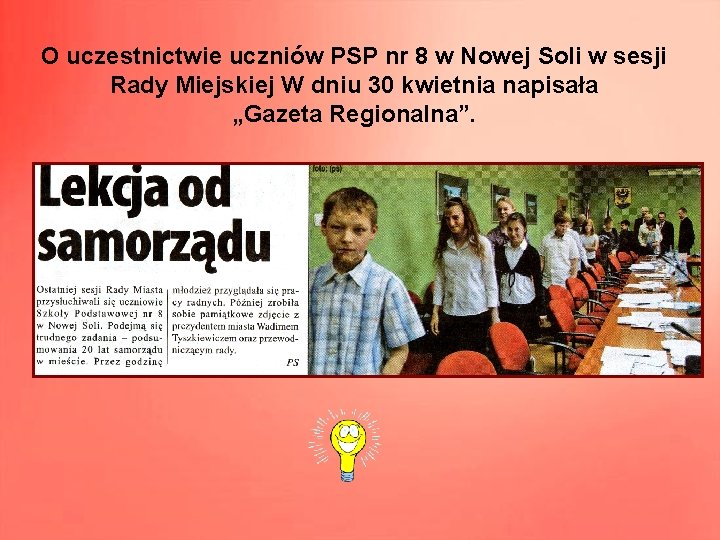 O uczestnictwie uczniów PSP nr 8 w Nowej Soli w sesji Rady Miejskiej W