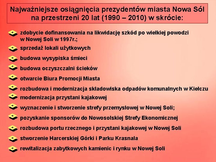 Najważniejsze osiągnięcia prezydentów miasta Nowa Sól na przestrzeni 20 lat (1990 – 2010) w