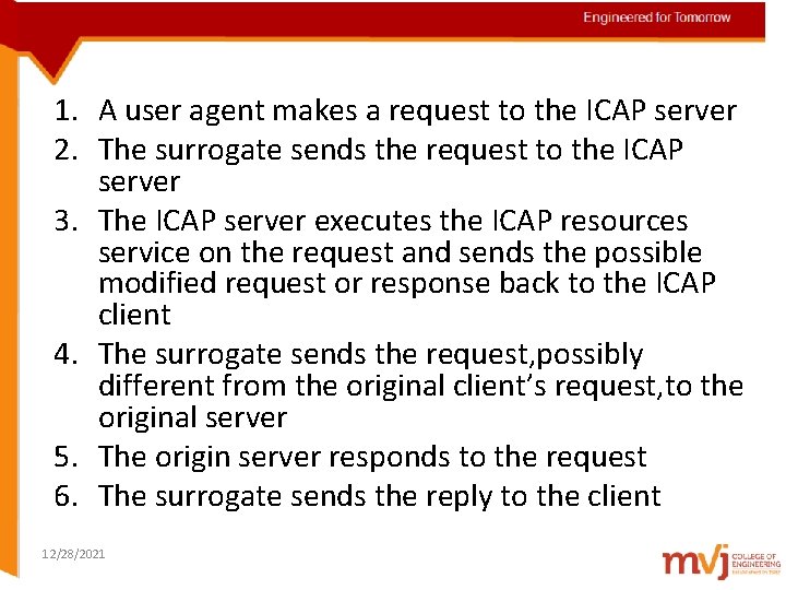 Engineered for Tomorrow 1. A user agent makes a request to the ICAP server