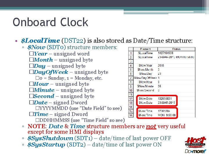 Onboard Clock • $Local. Time (DST 22) is also stored as Date/Time structure: ▫