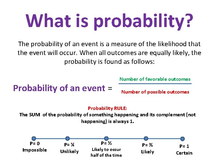 What is probability? The probability of an event is a measure of the likelihood