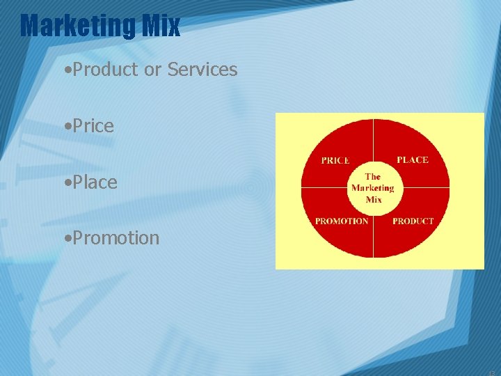 Marketing Mix • Product or Services • Price • Place • Promotion 