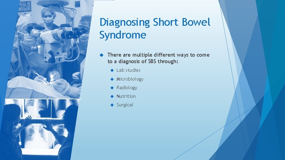 Diagnosing Short Bowel Syndrome There are multiple different ways to come to a diagnosis