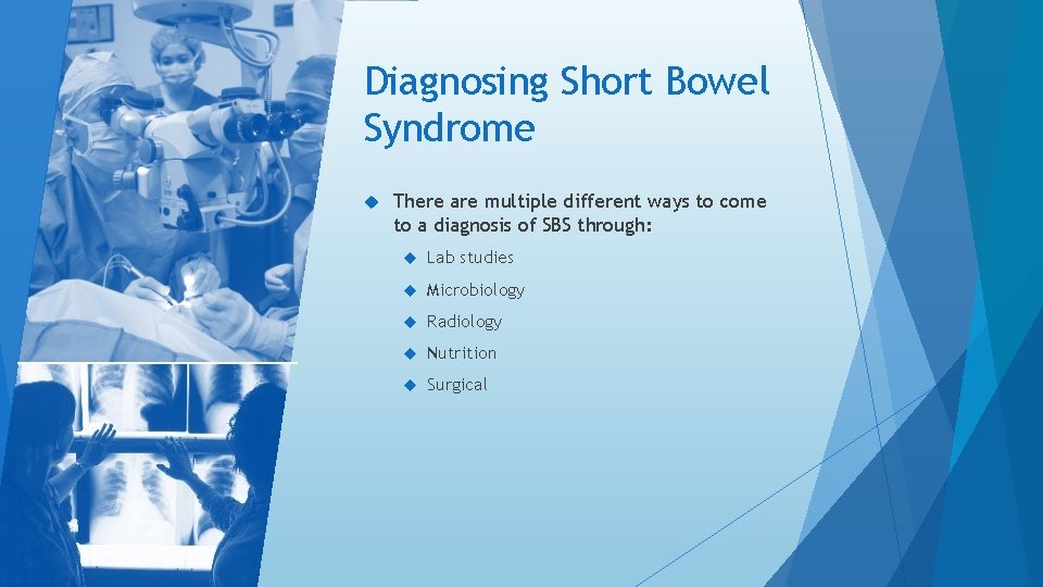 Diagnosing Short Bowel Syndrome There are multiple different ways to come to a diagnosis Diagnosing Short Bowel Syndrome There are multiple different ways to come to a diagnosis
