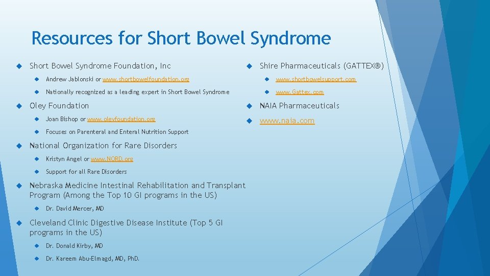 Resources for Short Bowel Syndrome Foundation, Inc Shire Pharmaceuticals (GATTEX®) Andrew Jablonski or www. Resources for Short Bowel Syndrome Foundation, Inc Shire Pharmaceuticals (GATTEX®) Andrew Jablonski or www.