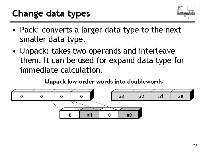 Change data types • Pack: converts a larger data type to the next smaller Change data types • Pack: converts a larger data type to the next smaller