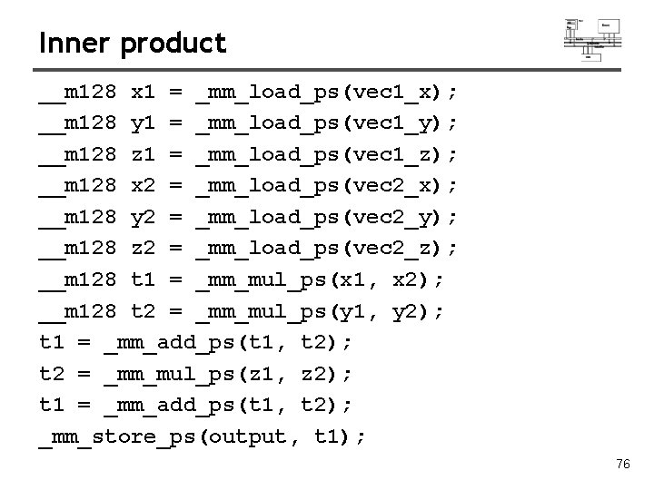 Inner product __m 128 x 1 = _mm_load_ps(vec 1_x); __m 128 y 1 = Inner product __m 128 x 1 = _mm_load_ps(vec 1_x); __m 128 y 1 =