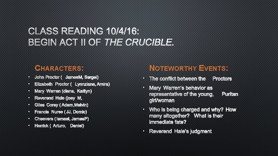 CLASS READING 10/4/16: BEGIN ACT II OF THE CRUCIBLE. CHARACTERS: • JOHN PROCTOR (JAMES