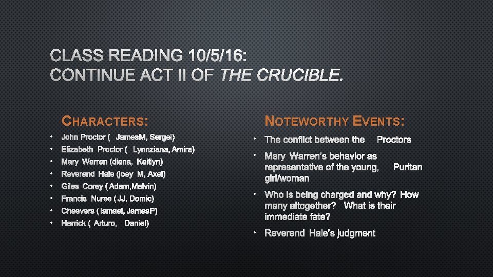 CLASS READING 10/5/16: CONTINUE ACT II OF THE CRUCIBLE. CHARACTERS: • JOHN PROCTOR (JAMES