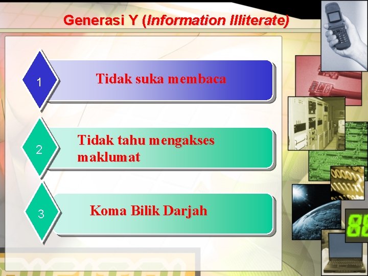 Generasi Y (Information Illiterate) 1 Tidak suka membaca 2 Tidak tahu mengakses maklumat 3